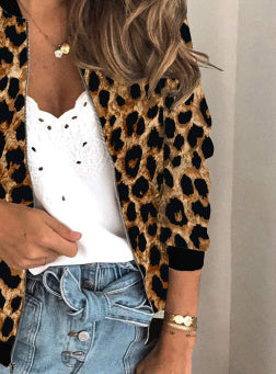 Women's Long Sleeve Zipper Coat Leopard Print