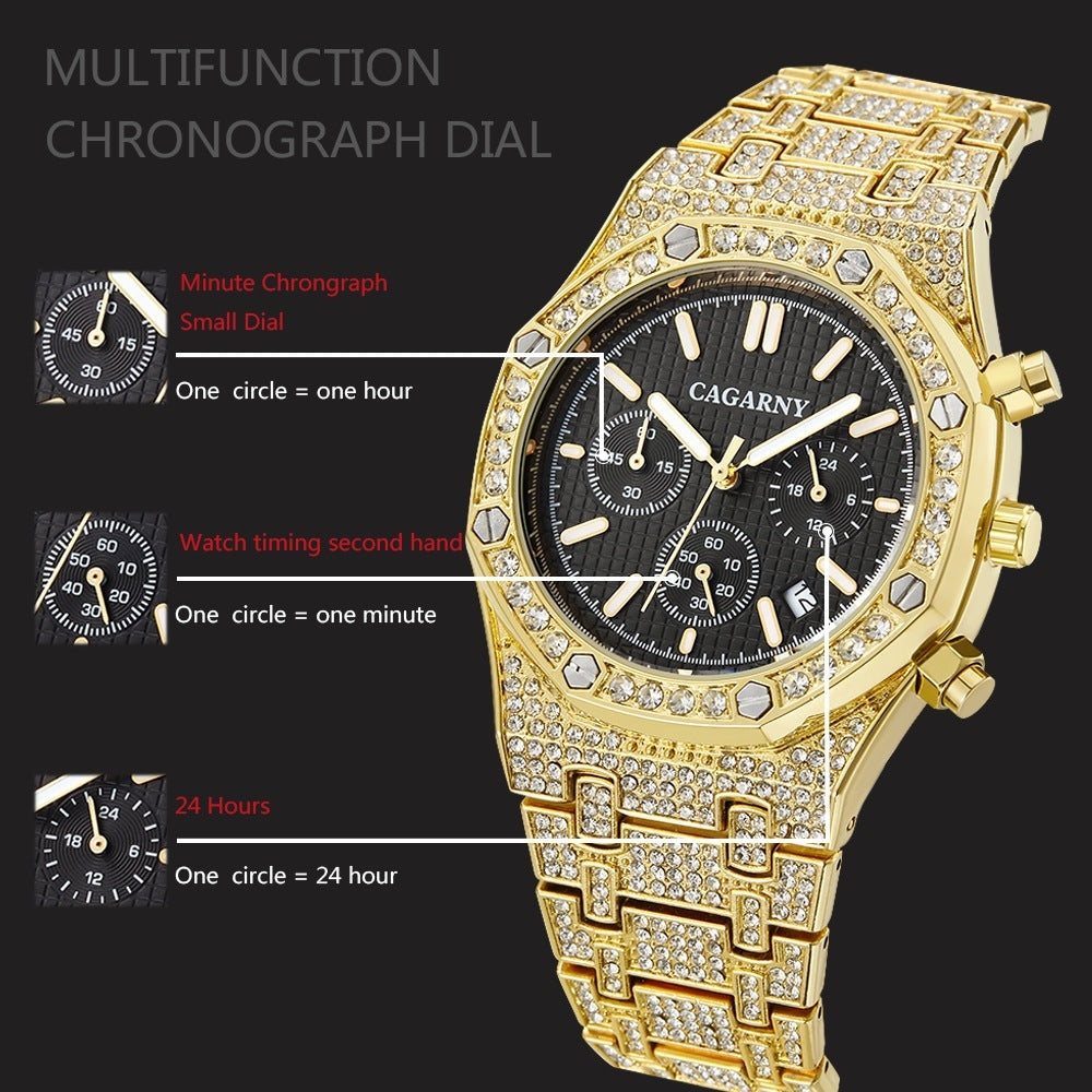 Men's Quartz Chronograph Sports Business Watch With Gold And Diamonds