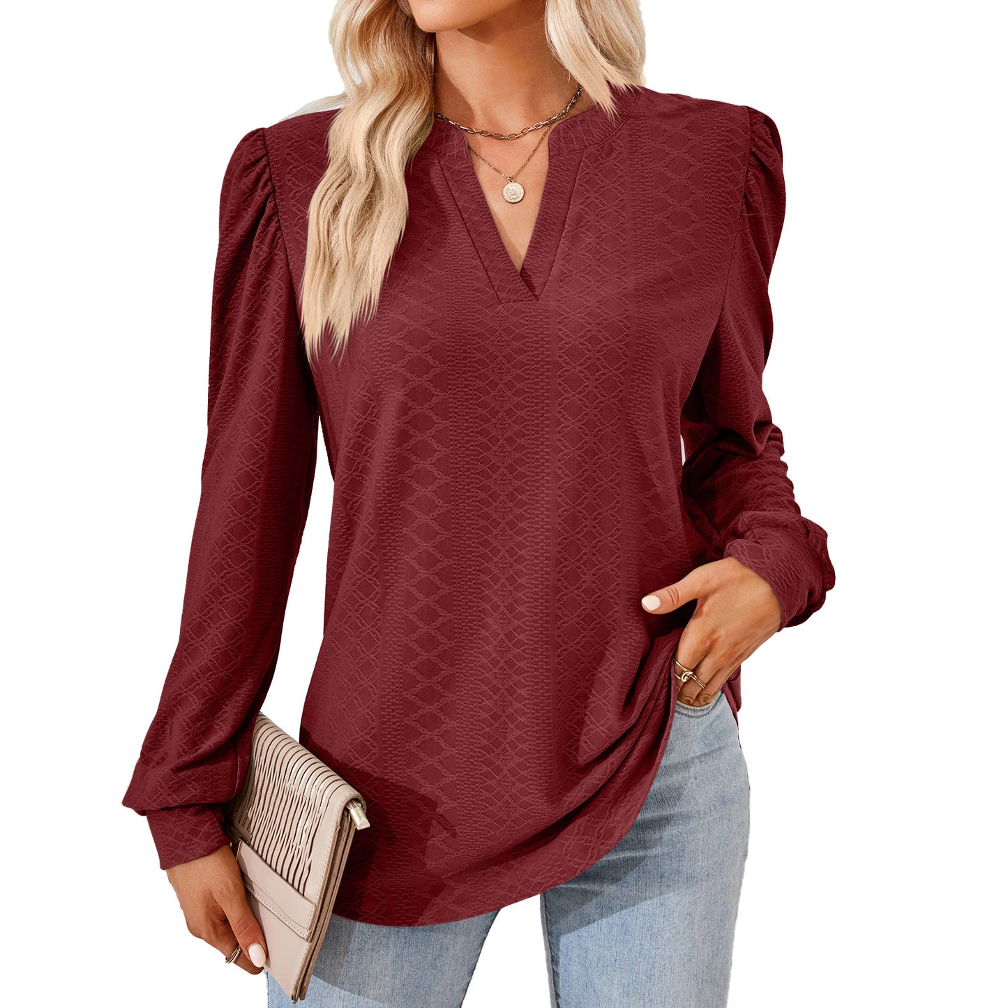 V-neck Jacquard Long Sleeve Loose-fitting T-shirt