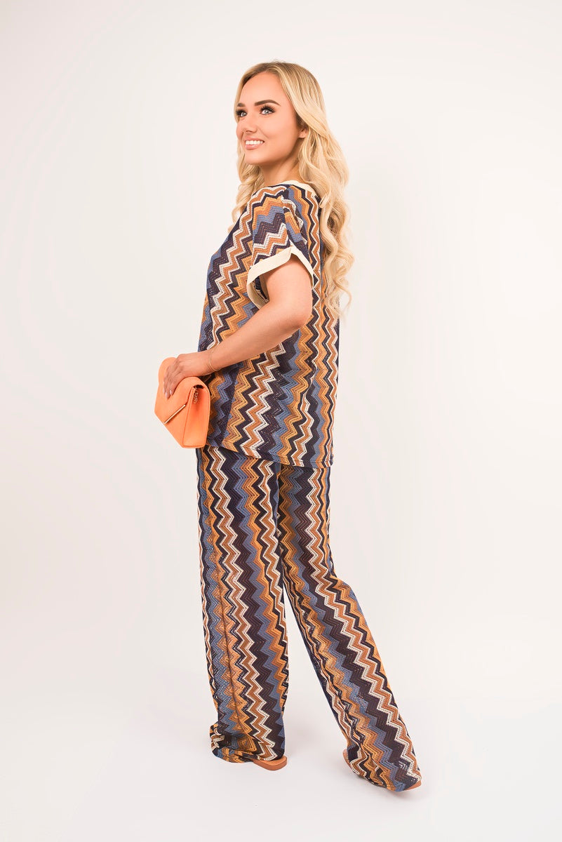 V Neck Short Sleeve Co-Ord Set with Zigzag Detail