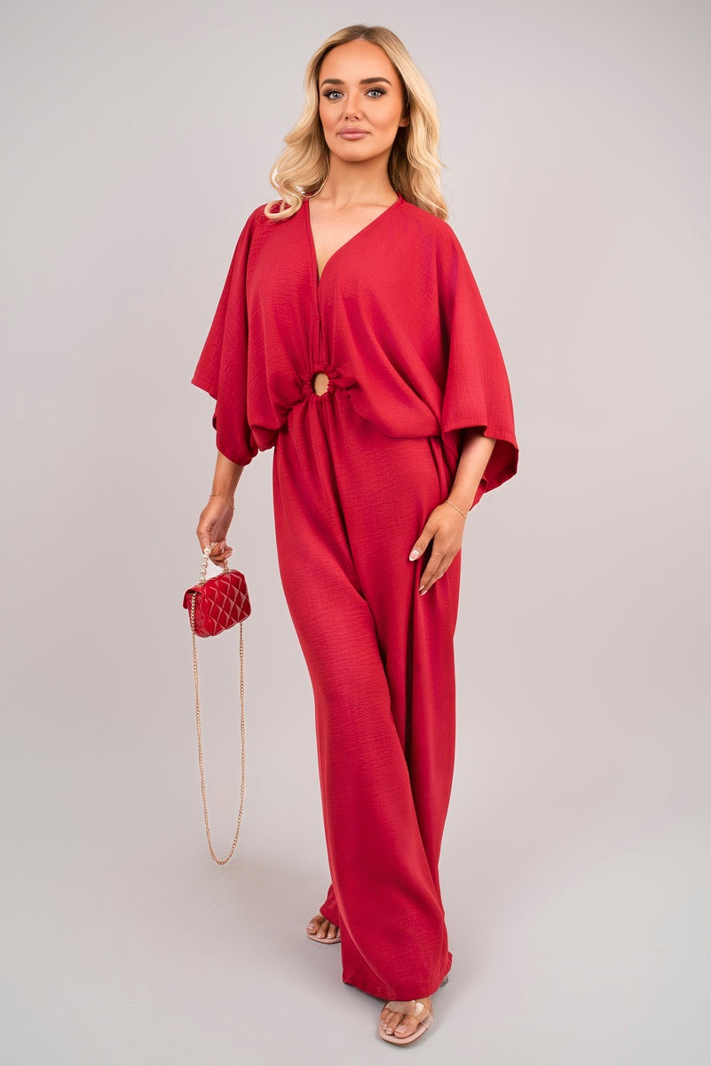 V Neck Wide Sleeve Jumpsuit with Ring Front Detail