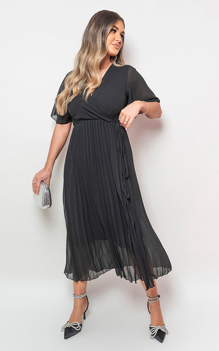 Pleated Wrap Front Maxi Dress