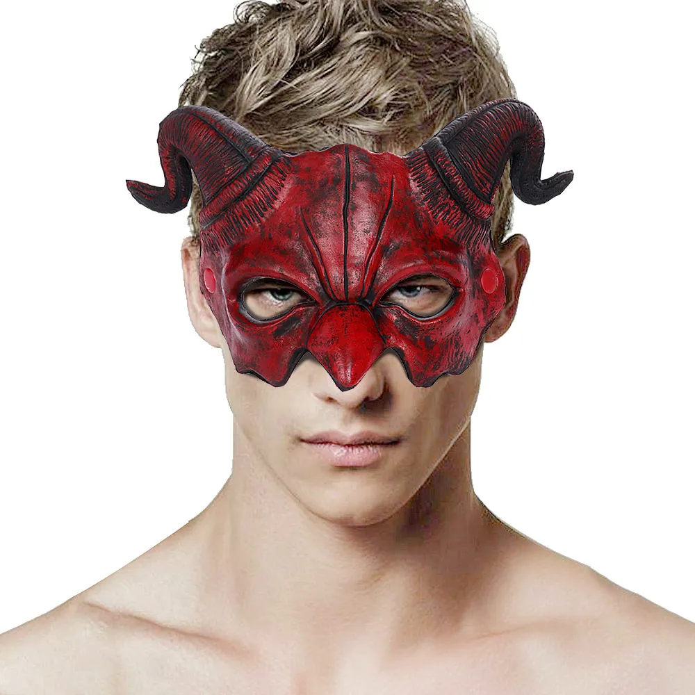Masque de démon d'Halloween, cornes de diable, demi-masque de fête, cosplay, horreur, monstre, mascarade, effrayant, maison hantée, accessoires, masque en PU, décoration