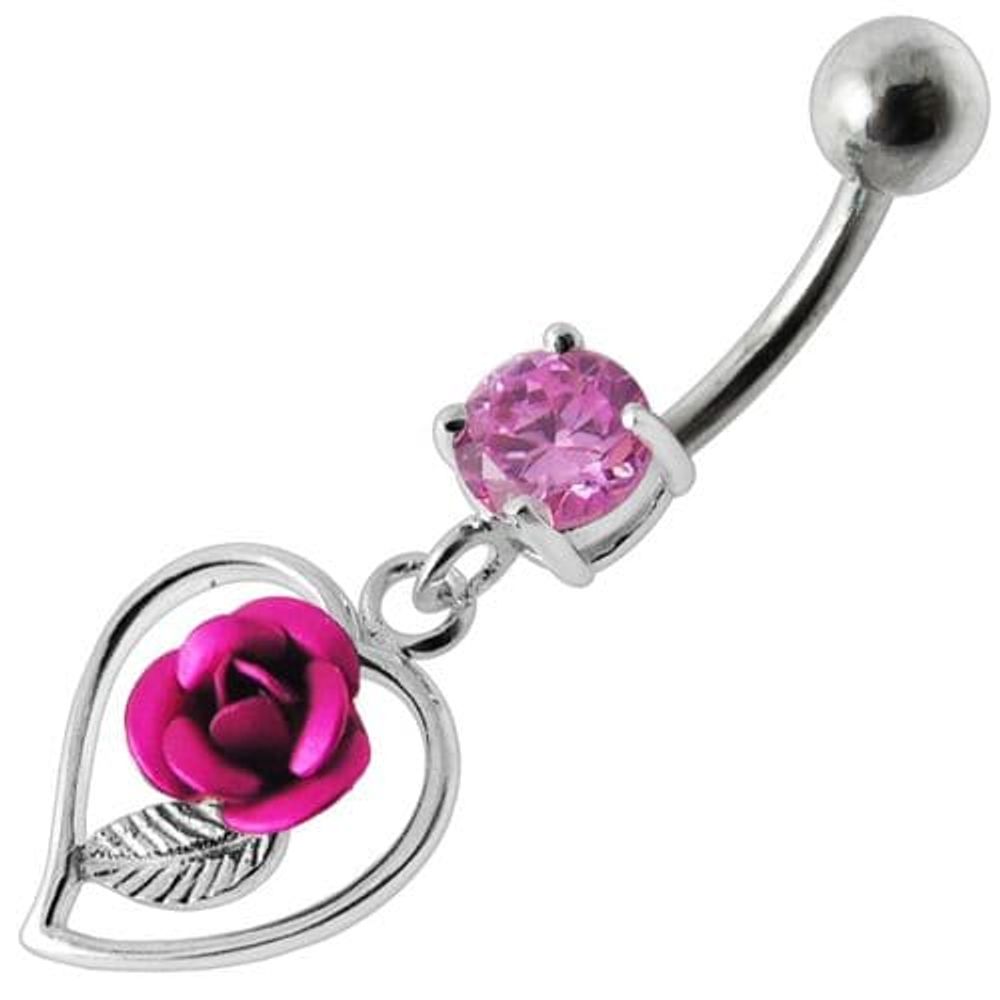 Anneau de nombril suspendu avec des pierres précieuses en forme de rose dans un cœur