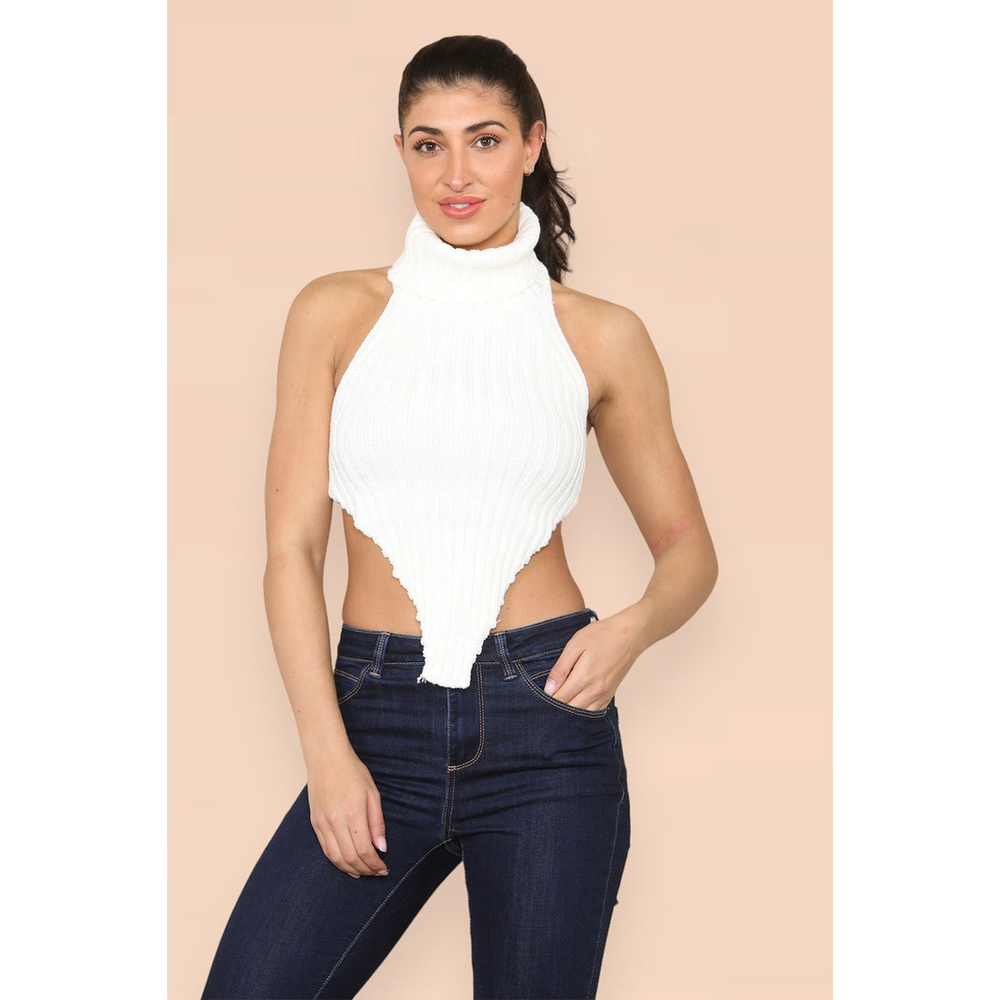 High Neck Roll Knitted Backless Front Cropped Top