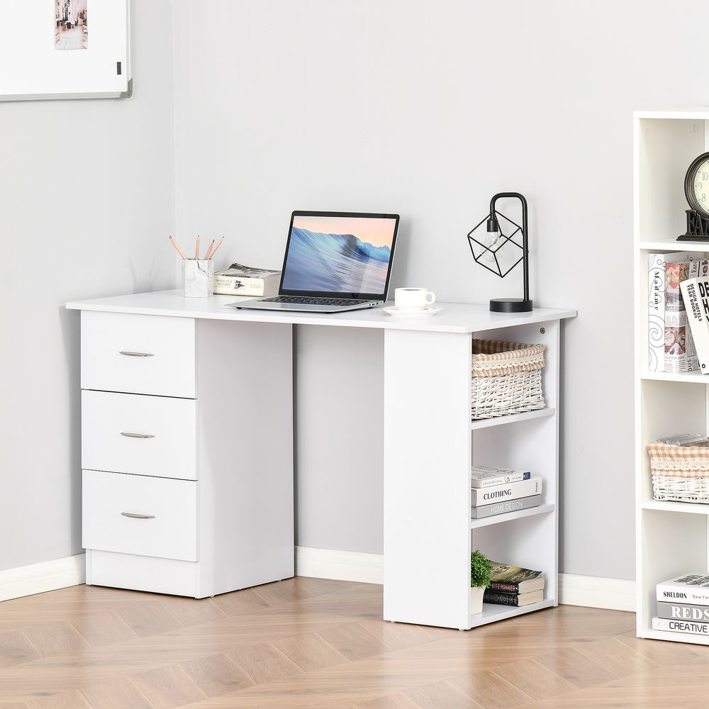 Bureau d'ordinateur 120 cm avec 3 étagères et tiroirs Blanc