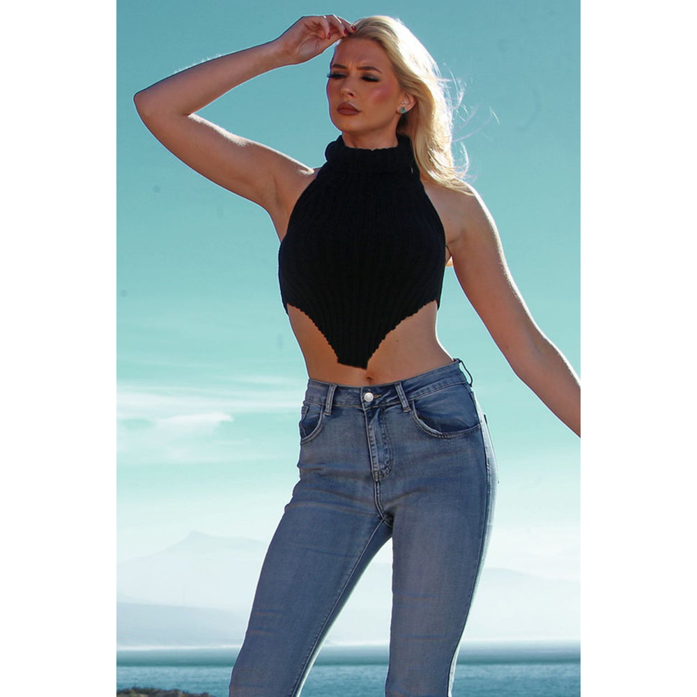 High Neck Roll Knitted Backless Front Cropped Top