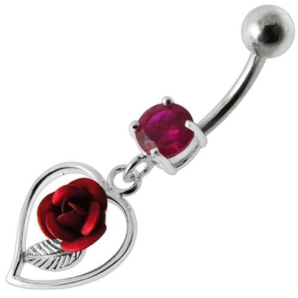 Anneau de nombril suspendu avec des pierres précieuses en forme de rose dans un cœur