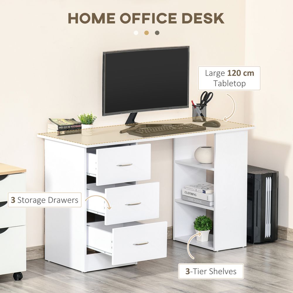 Bureau d'ordinateur 120 cm avec 3 étagères et tiroirs Blanc