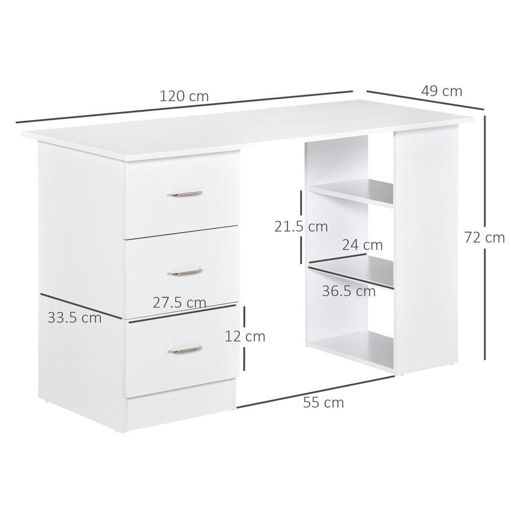 Bureau d'ordinateur 120 cm avec 3 étagères et tiroirs Blanc