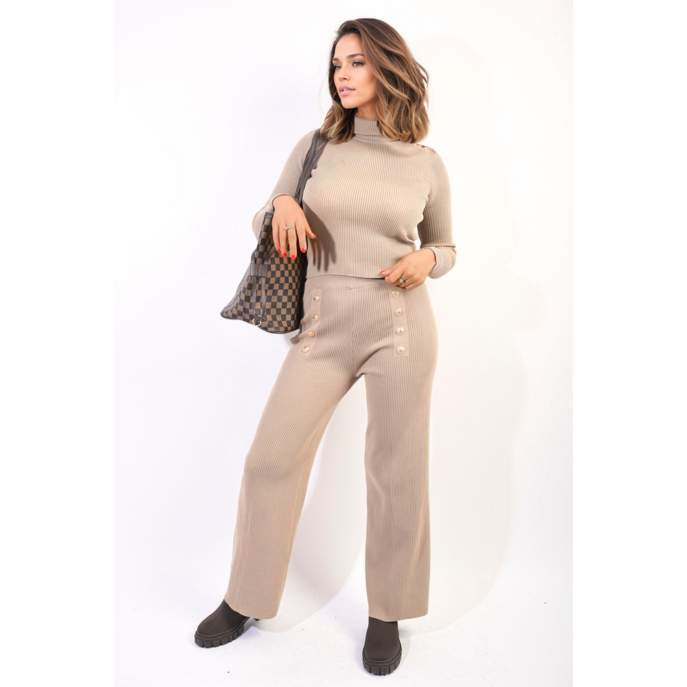 Knitted High Neck Long Sleeve Top & Wide Leg Trouser Co-ord Set