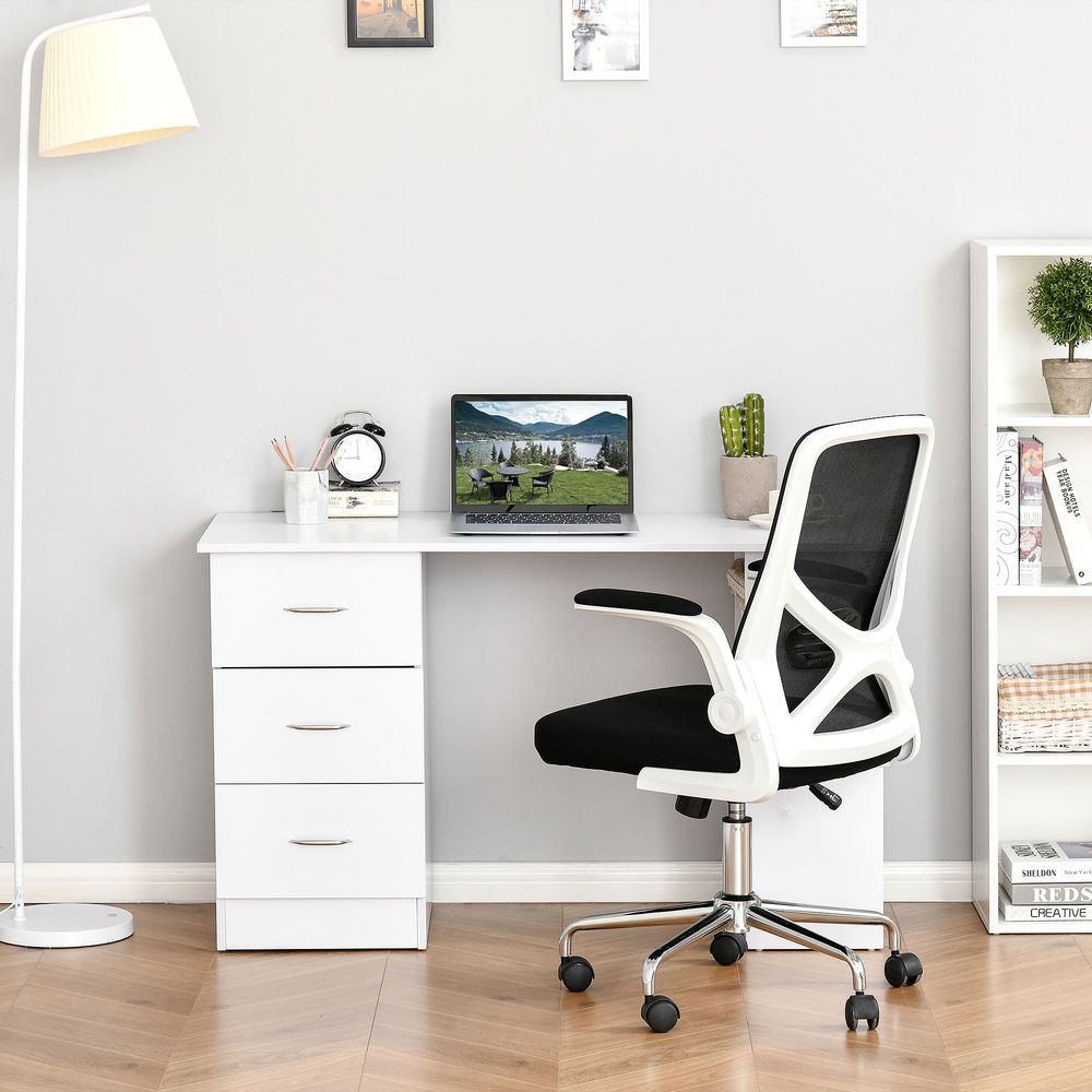 Bureau d'ordinateur 120 cm avec 3 étagères et tiroirs Blanc