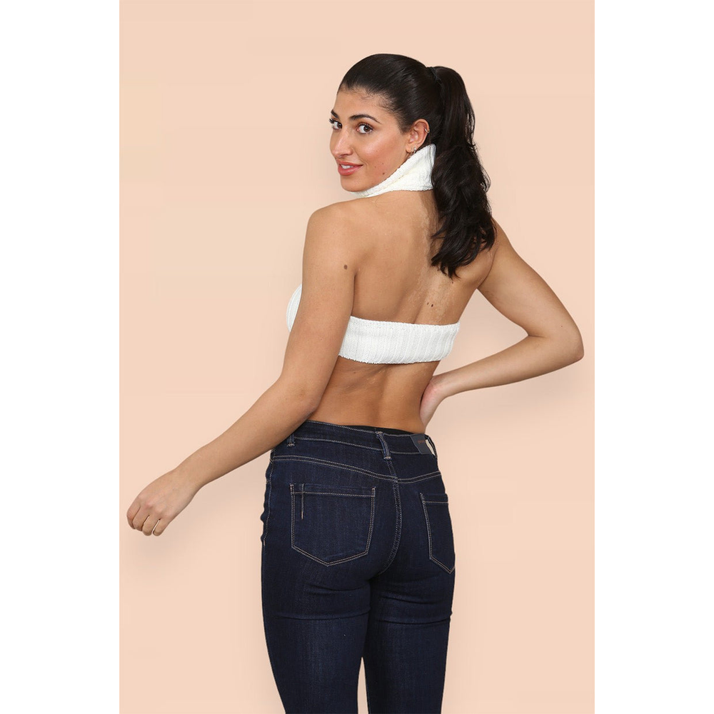 High Neck Roll Knitted Backless Front Cropped Top