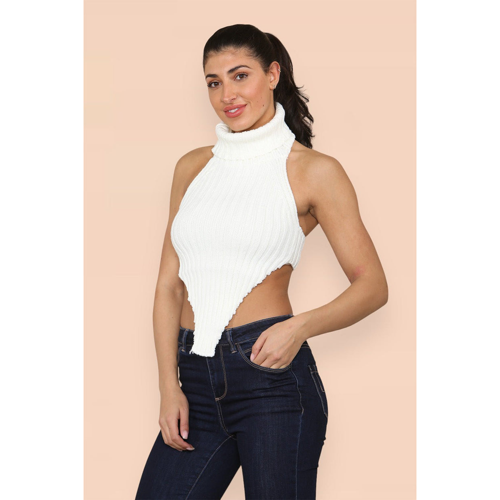 High Neck Roll Knitted Backless Front Cropped Top