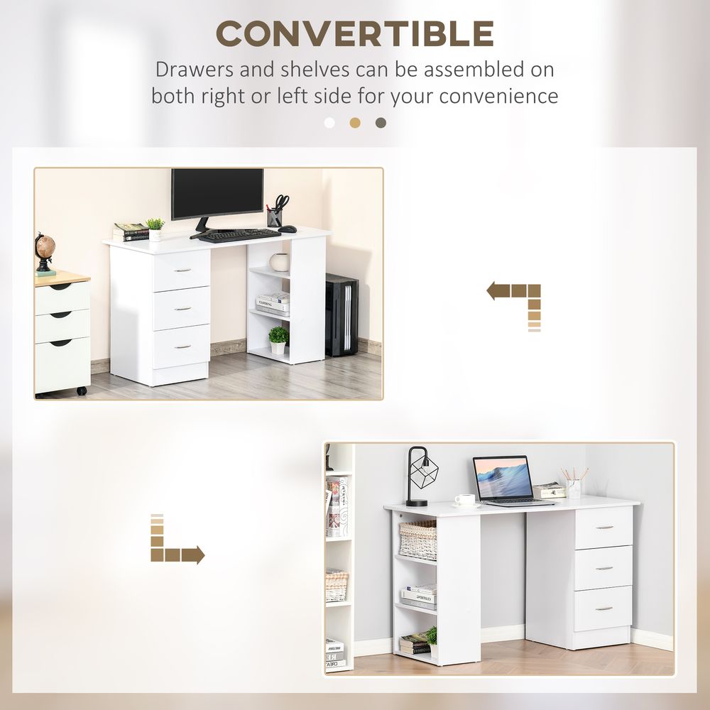 Bureau d'ordinateur 120 cm avec 3 étagères et tiroirs Blanc