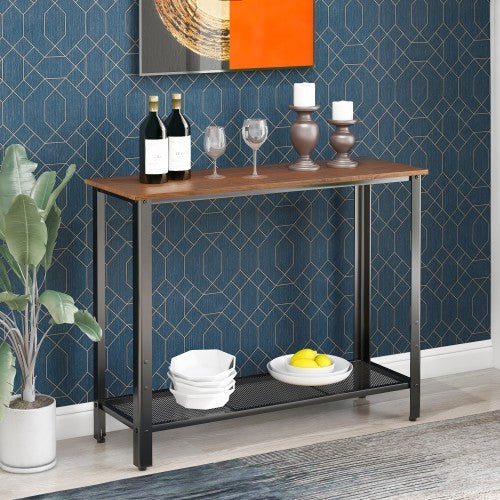 Retro Industrial Vintage Hallway Side End Table With Adjustable Mesh Shelf, Wood and Metal Entryway Table
