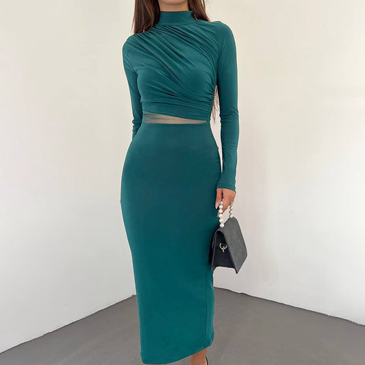 See-through Pleated Slim Fit Dress