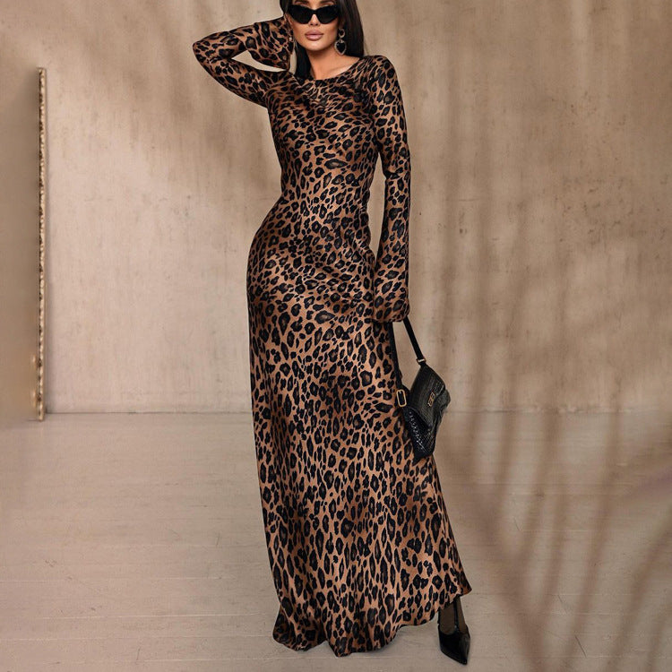 Round Neck Leopard Print Slim Fit Dress