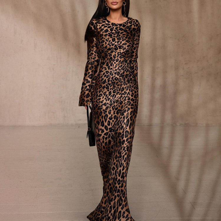 Round Neck Leopard Print Slim Fit Dress