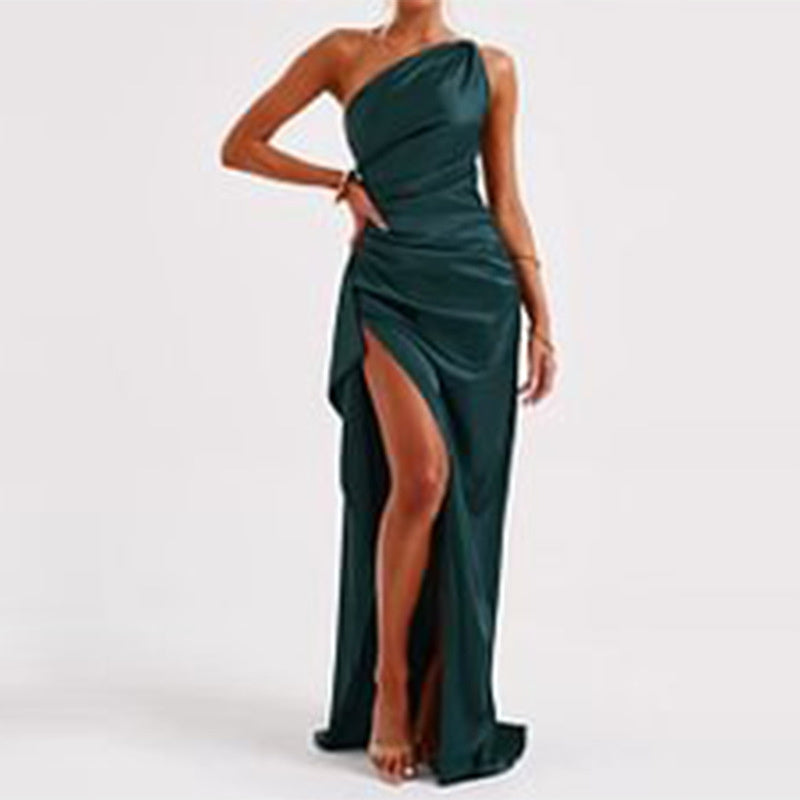 Elegant One-Shoulder Backless Satin Dress with Slit – Slim-Fit Summer Style for Women